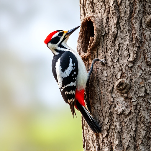Great spotted woodpecker on tree trunk