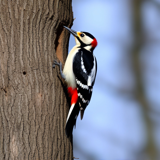 Great spotted woodpecker on tree trunk