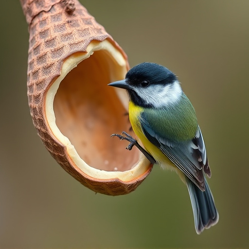 Great tit cracking open peanut shell
