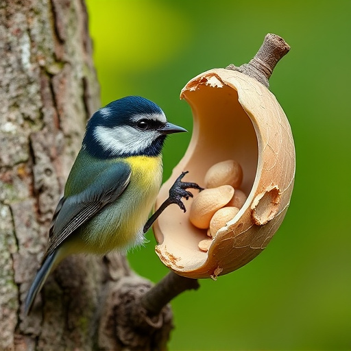 Great tit cracking open peanut shell