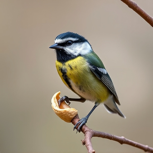 Great tit cracking open peanut shell