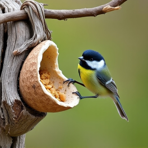 Great tit cracking open peanut shell