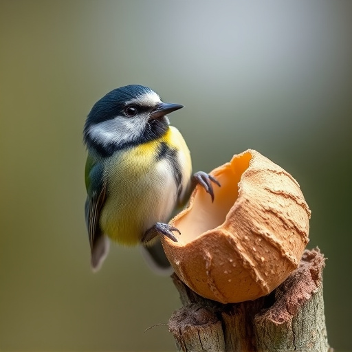 Great tit cracking open peanut shell