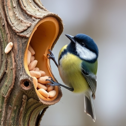 Great tit cracking open peanut shell