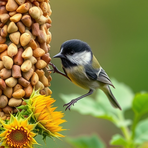 Great tit pecking at sunflower seeds