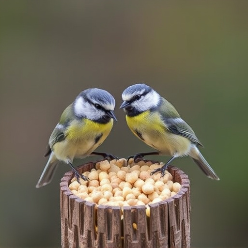 Great tits feeding on suet pellets
