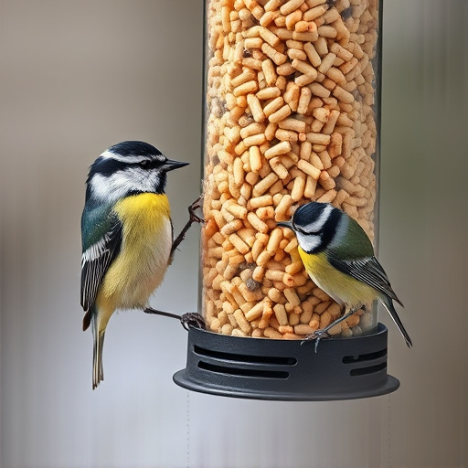 Great tits feeding on suet pellets