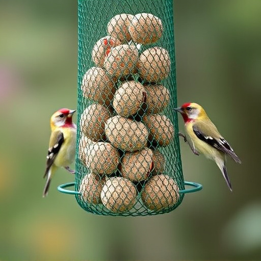 Green mesh feeder filled with suet balls