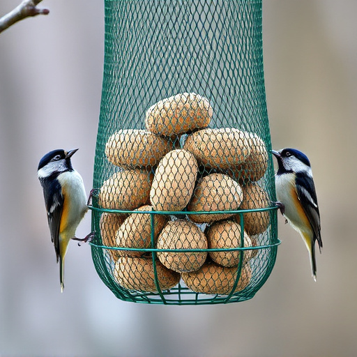 Green mesh feeder filled with suet balls