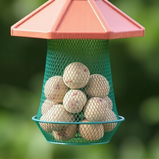 Green mesh feeder filled with suet balls