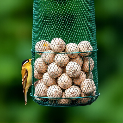 Green mesh feeder filled with suet balls