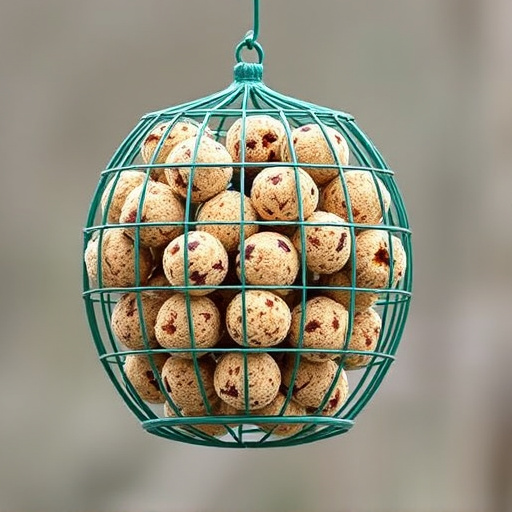 Green mesh feeder filled with suet balls