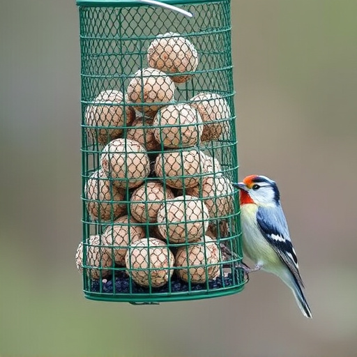 Green mesh feeder filled with suet balls