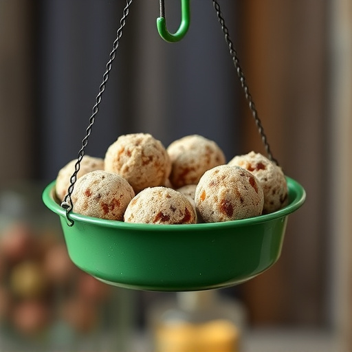 Green metal feeder holding multiple fat balls