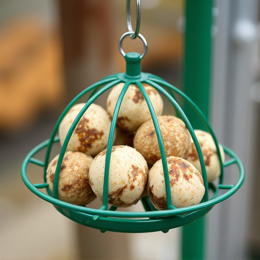 Green metal feeder holding multiple fat balls