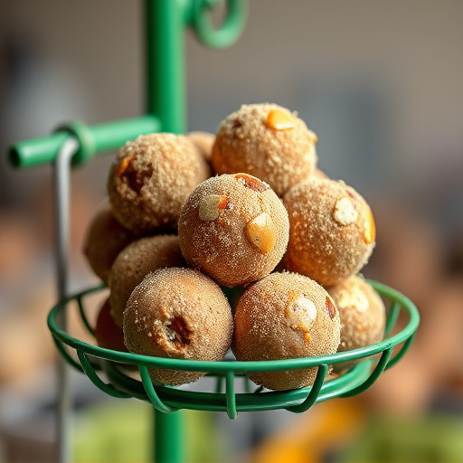 Green metal feeder holding multiple fat balls