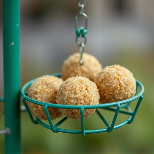 Green metal feeder holding multiple fat balls