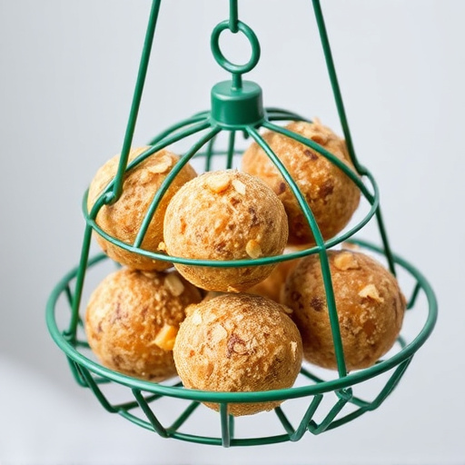 Green metal feeder holding multiple fat balls