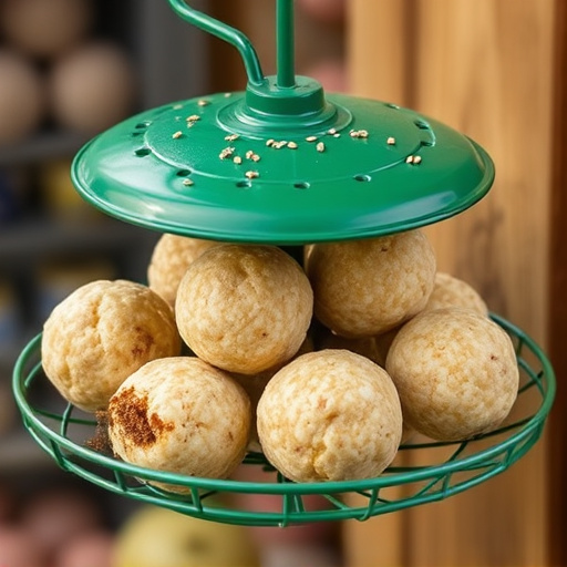 Green metal feeder holding multiple fat balls