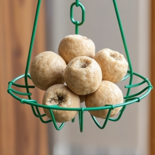 Green metal feeder holding multiple fat balls