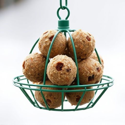 Green metal feeder holding multiple fat balls