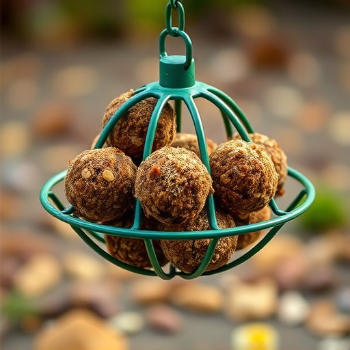 Green metal feeder holding multiple fat balls
