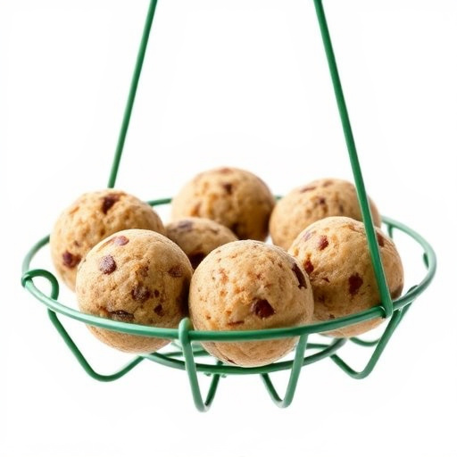 Green metal feeder holding multiple fat balls
