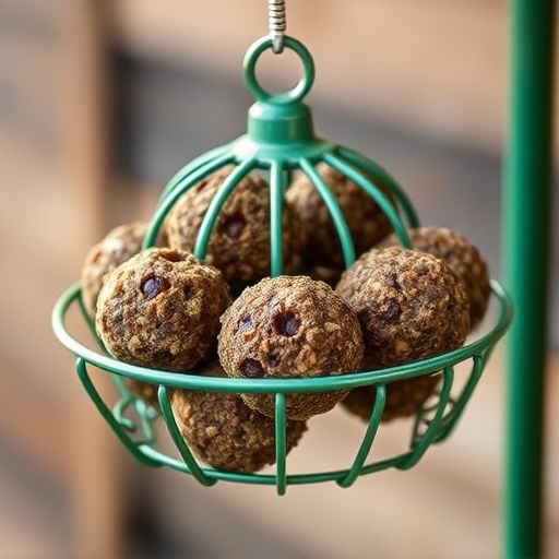 Green metal feeder holding multiple fat balls
