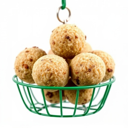 Green metal feeder holding multiple fat balls