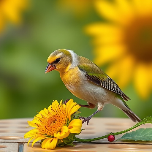 Greenfinch eating sunflower hearts at table