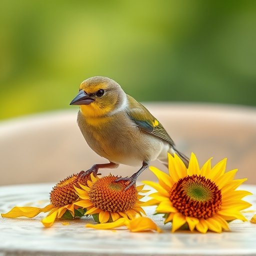 Greenfinch eating sunflower hearts at table