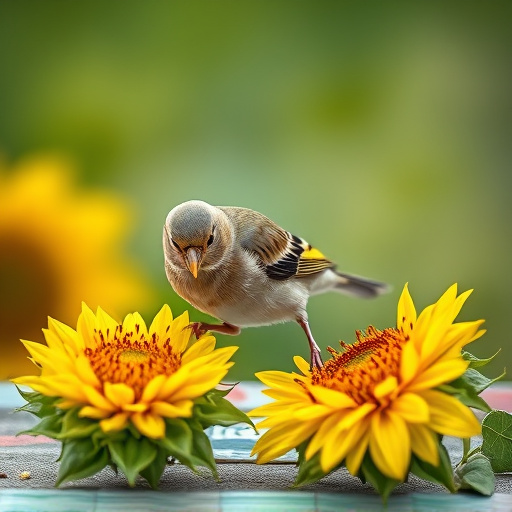 Greenfinch eating sunflower hearts at table