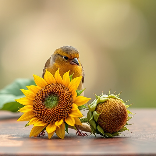 Greenfinch eating sunflower hearts at table
