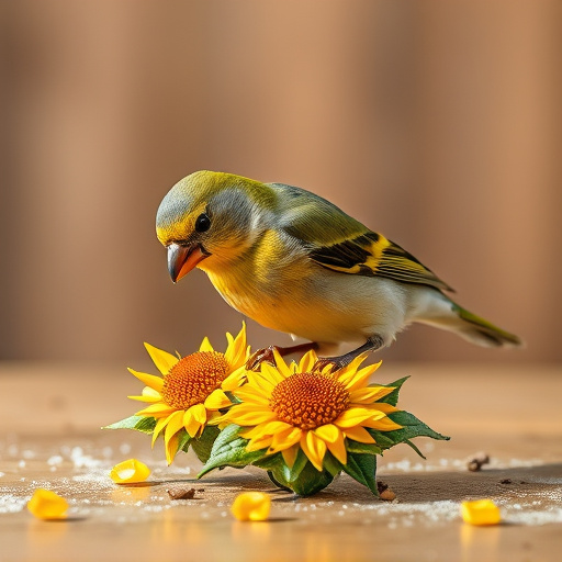 Greenfinch eating sunflower hearts at table