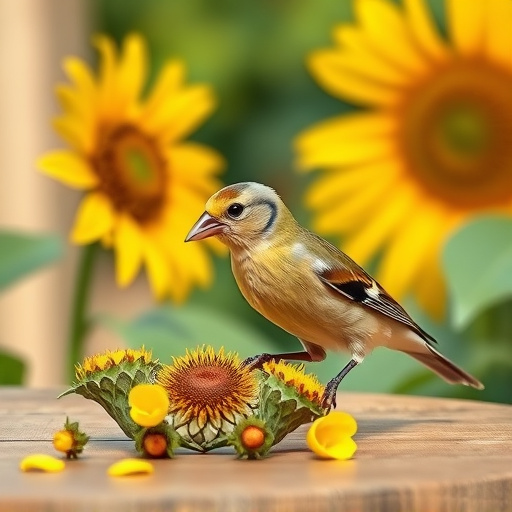 Greenfinch eating sunflower hearts at table