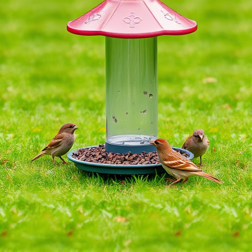 Ground bird feeder on lawn with sparrows