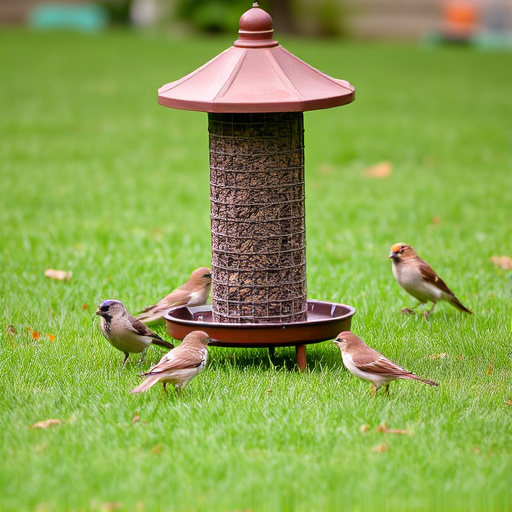 Ground bird feeder on lawn with sparrows