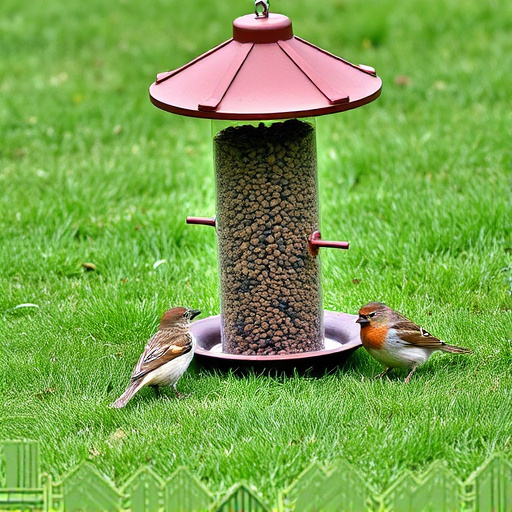 Ground bird feeder on lawn with sparrows