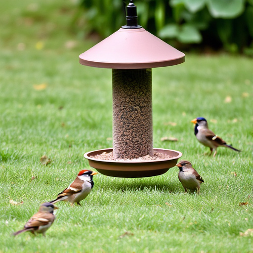 Ground bird feeder on lawn with sparrows