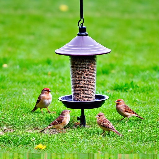 Ground bird feeder on lawn with sparrows