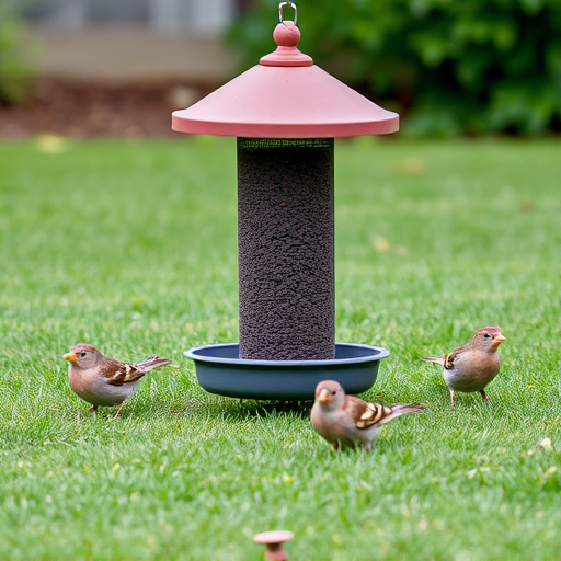Ground bird feeder on lawn with sparrows