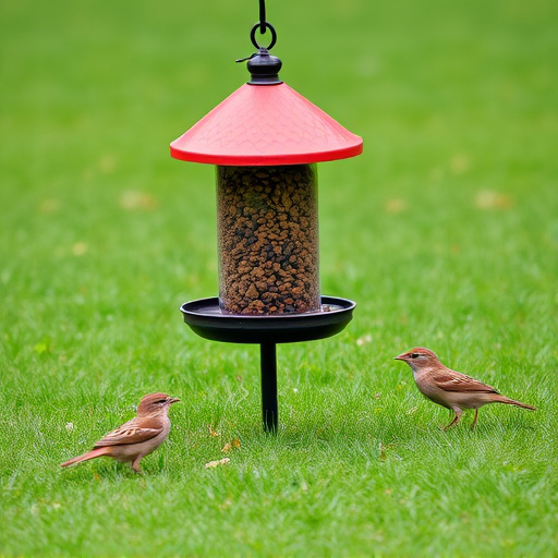 Ground bird feeder on lawn with sparrows