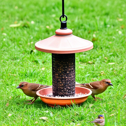 Ground bird feeder on lawn with sparrows