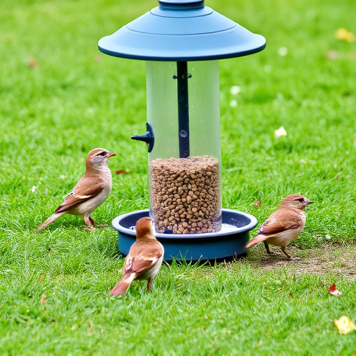 Ground bird feeder on lawn with sparrows