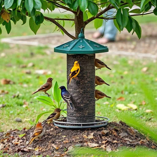 Ground feeder under tree with mixed birds