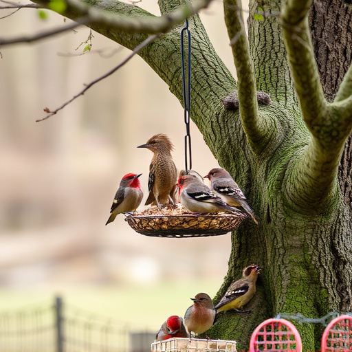 Ground feeder under tree with mixed birds