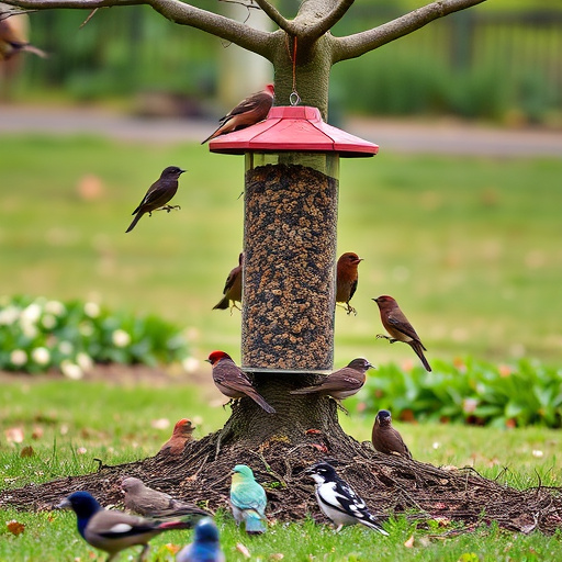 Ground feeder under tree with mixed birds