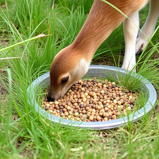 Ground-level feeder surrounded by grass