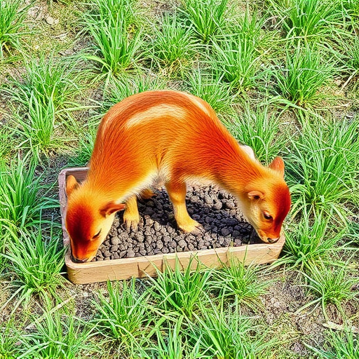 Ground-level feeder surrounded by grass