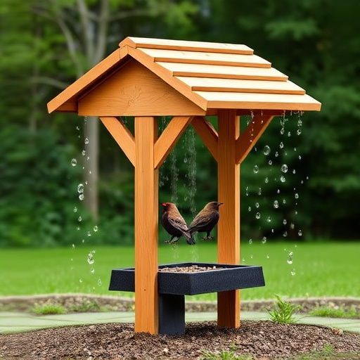 Ground-level feeder with wooden rain canopy